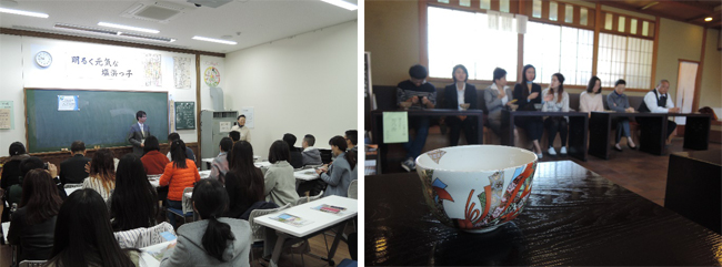 左：学芸員から四日市公害について説明を受ける。　右：泗水庵にて日本のお茶文化を体験。