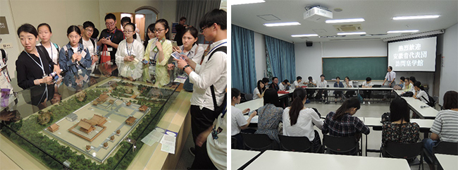 左：神道博物館を熱心に見学する。　右：張教授の講演と意見交換会。
